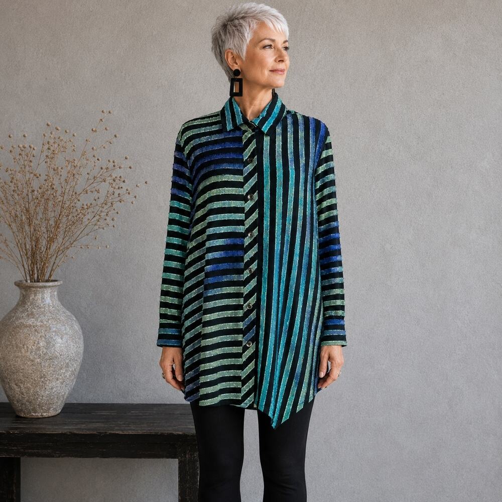 Calessa Black Blue Green Button Artsy Lagenlook  Tunic Top Large
